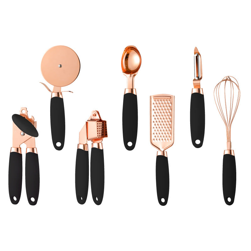 Rose-gold kitchen tool set with black handles