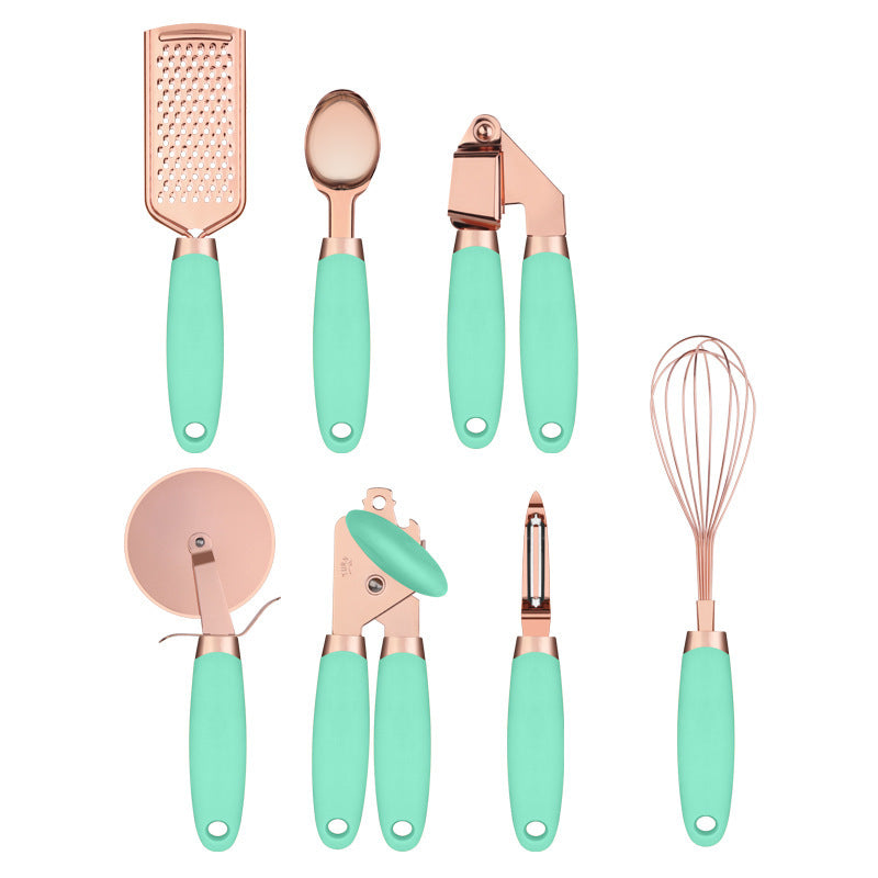 Rose-gold kitchen tool set with green handles