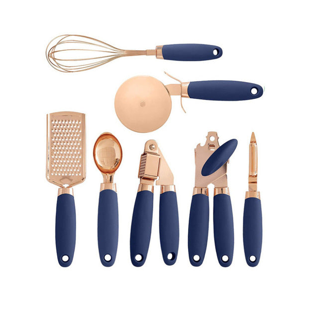 Rose-gold kitchen tool set with blue handles