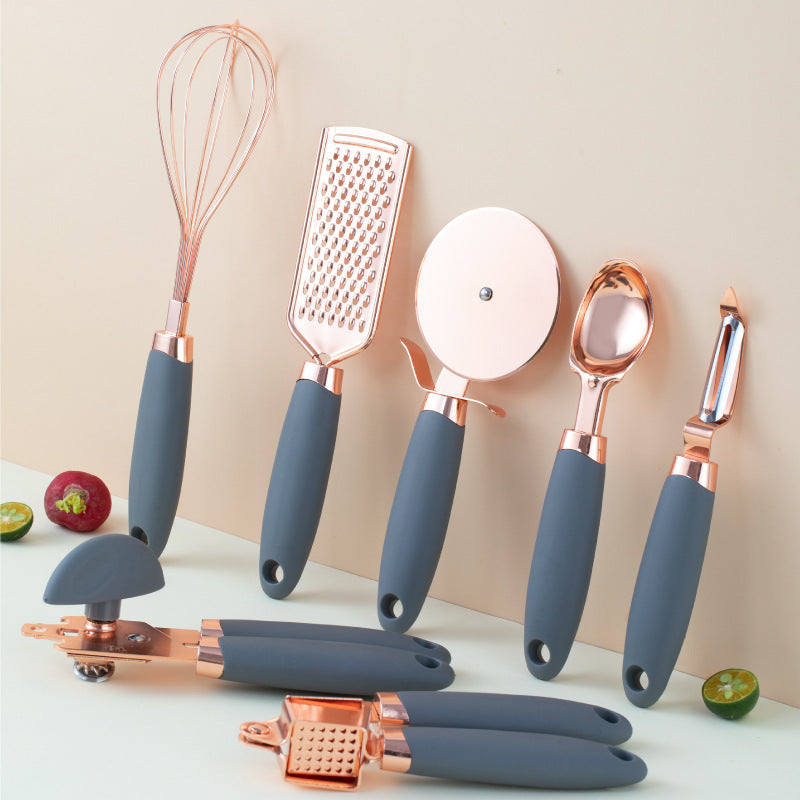 Rose-gold kitchen tool set with gray handles