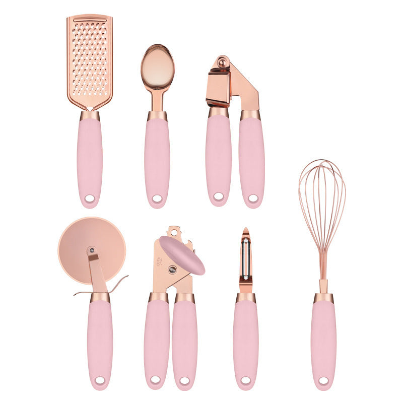 Rose-gold kitchen tool set with pink handles